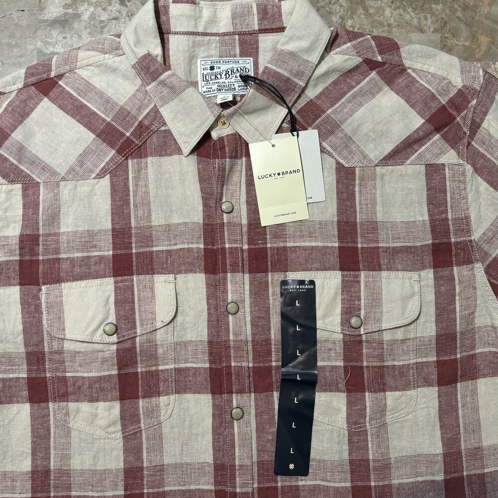 Lucky Brand Pearl Snap Shirt Mens Large Red Linen Blend Plaid Short Sleeve NEW
